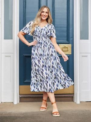 Maddie Short Sleeve Dress - Navy Ikat Print
