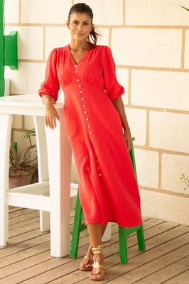 Tessa Organic Cotton Cheesecloth 3/4 Sleeve Dress | Red