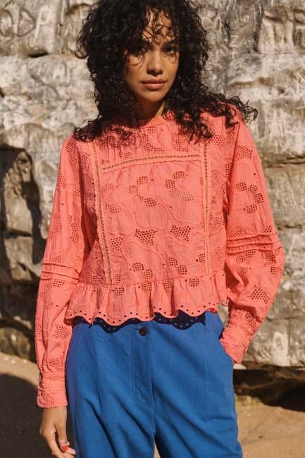 Lowie Pink Broderie Long Sleeve Blouse
