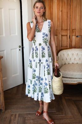 Indi Tier Dress - Blue Clematis Flowers Organic