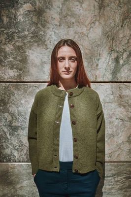 SANDRA Funnel-Neck Cardigan in Merino Wool - Olive Green