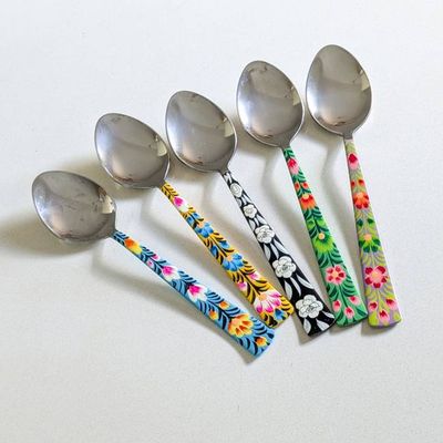 Hand-Painted Stainless Steel Tablespoons with Floral Patterns