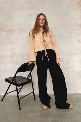 SAVANNAH - Linen/OC Blend Tie Front Top - Sand