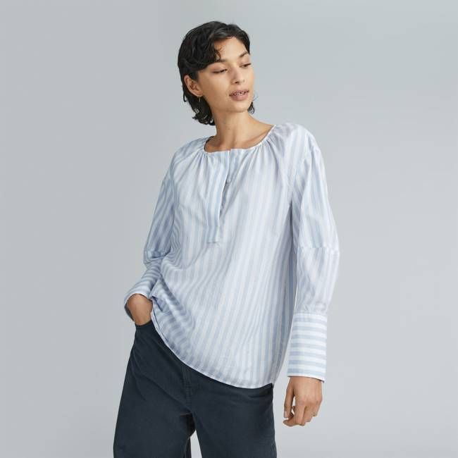 The Silky Cotton Balloon Sleeve Top | Periwinkle / White