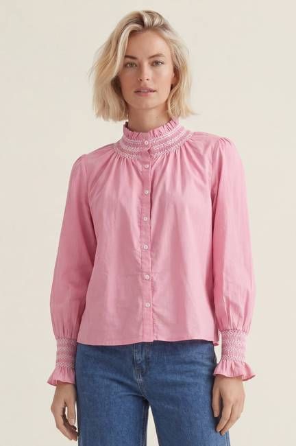 Embroidered Smocked Blouse | Pink/White