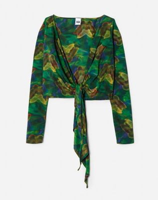 Wrap Tie Top - Green Butterfly Size S