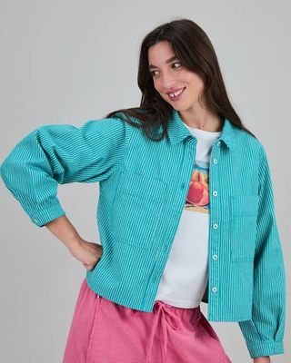 Denim Stripes Cropped Overshirt Green