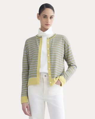 Crew Cardigan in Ultrasoft Merino | Double Cream Multi Stripe
