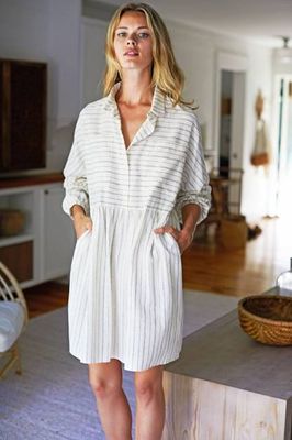 Selma Long Sleeve Dress - Ivory Hemp Stripe Organic