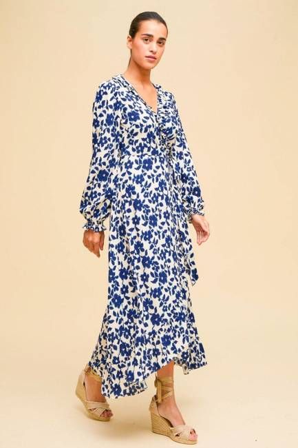 Demi Long Sleeve EcoVero Wrap Dress | Blossom Cream/Navy