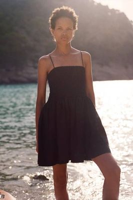 The Harlow Smocked Mini Dress in black