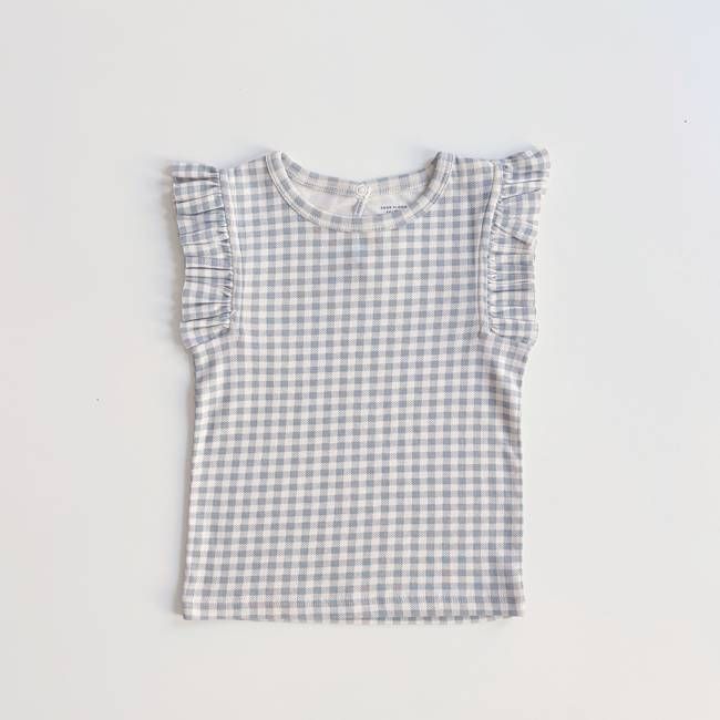 Frill Tee, Gingham Print, Azul, Size 6