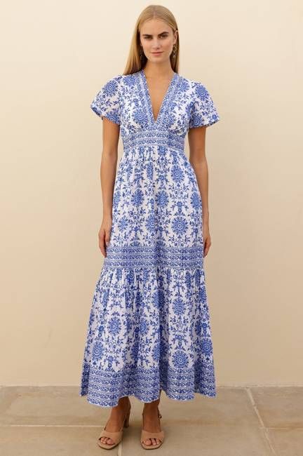 Pippa Organic Cotton Short Sleeve Block Print Dress | White/Cobalt