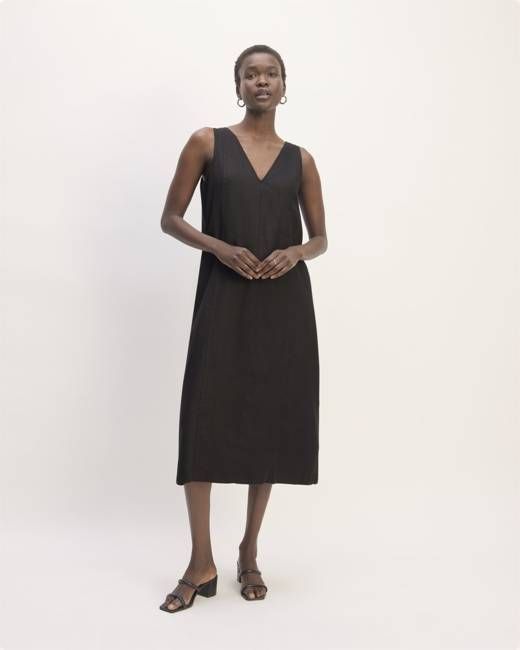 The Linen V-Neck Midi Dress | Black