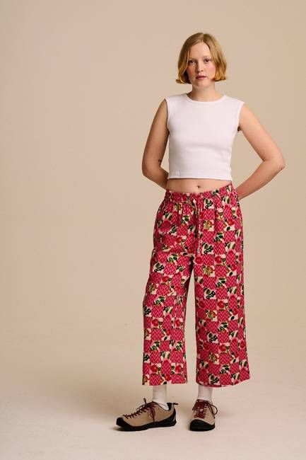 Chuck - Wide Leg Cotton Trousers in Zig Zag Floral Checkerboard