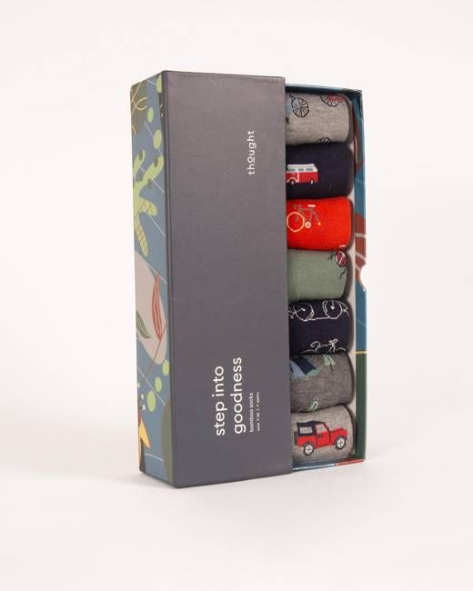 Go Explore Bamboo Gift Box of 7 Socks - Grey/Navy/Green/Orange