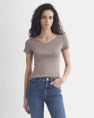 Tissue Short-Sleeve V-Neck Top | Heathered Chocolate Chip
