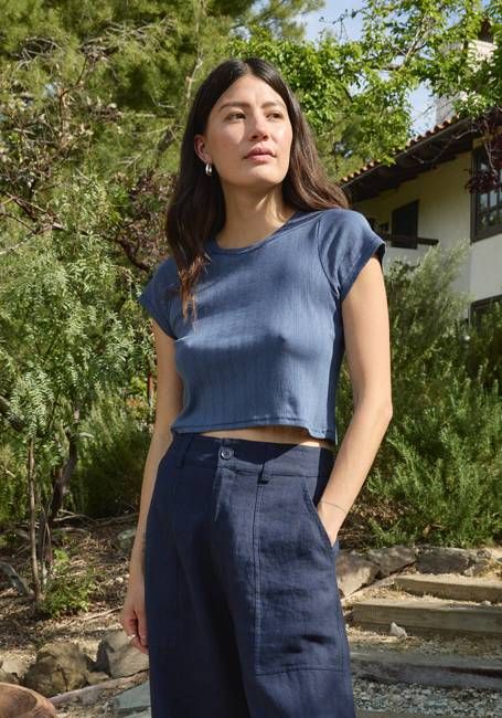 Crop Pointelle Tee Indigo