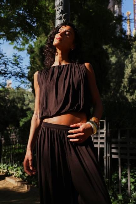Koa Puff Ball Hem Top In Bitter Chocolate