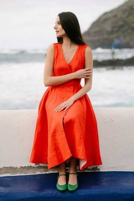 Rosa – Midi Linen Dress with Double-Button Front