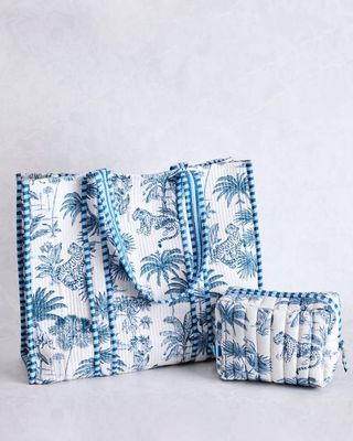 Tropical Toile - Traveler Tote & Quilted Pouch Bundle - Cloud