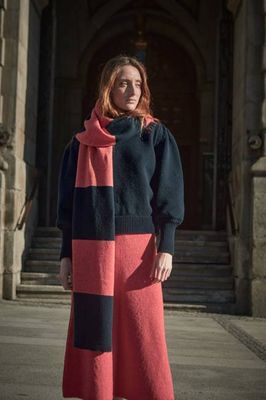 SOLANGE Striped Mega Scarf in Merino Wool - Navy-Coral