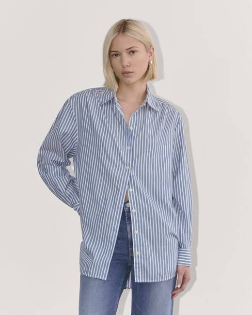 The Gathered Shirt in Silky Cotton | Bone / Mazarine Blue