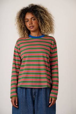 Mysen - Long Sleeve Cotton T-Shirt in Green Stripe
