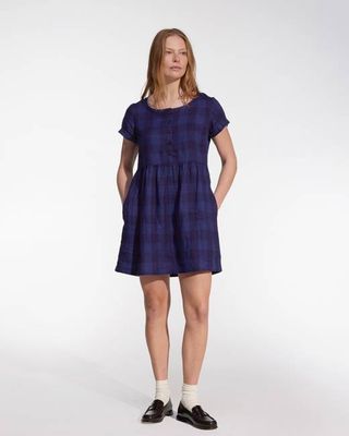 No.10 Button Up Linen Dress in Midsommar Night Check
