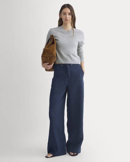 Wide-Leg Drawstring Pant in Linen | Navy