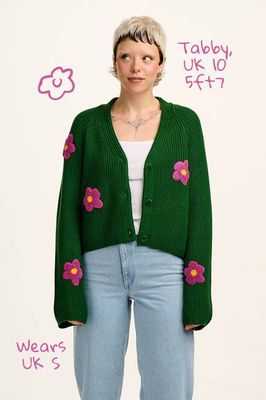 Robyn - V-Neck Cotton Cardigan in Green with Bubble Floral Motif