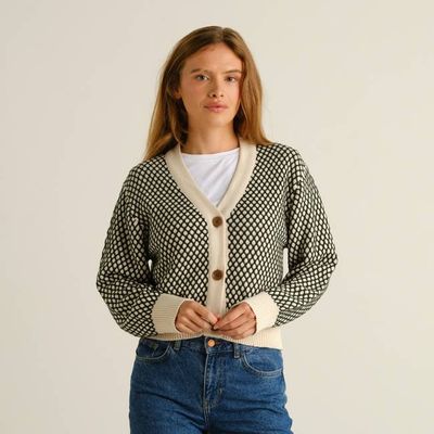 DEDICATED - Strickjacke Kanan Bubble Knit Dunkelgrün/Vanilleweiß