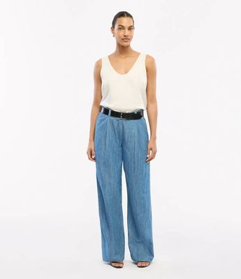 Chambray Relaxed Wide Leg Pant | Medium Blue