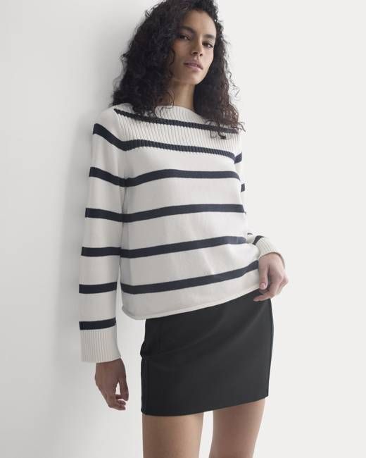 Striped Boatneck Sweater in Everyday Cotton | True Navy/Bone