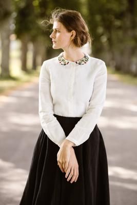 Classic Shirt with Embroidered Collar, Long Sleeve, White Magnolia