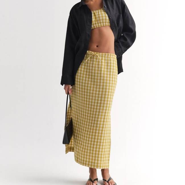 Organic Gauze Gingham Midi Skirt