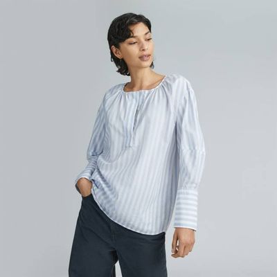 The Silky Cotton Balloon Sleeve Top | Periwinkle / White