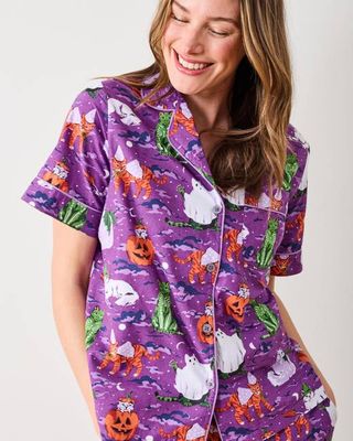 Halloween House Cats - Short Sleeve Top & Cropped Pants Set - Purple Tonic