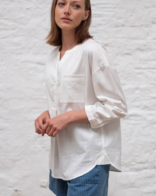 Petra White Collarless Blouse