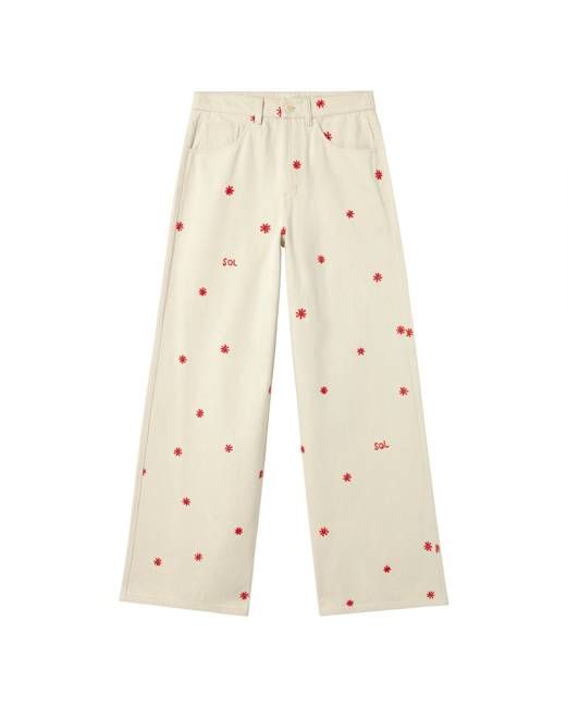 Ecru wide leg hand embroidered Hedda pants
