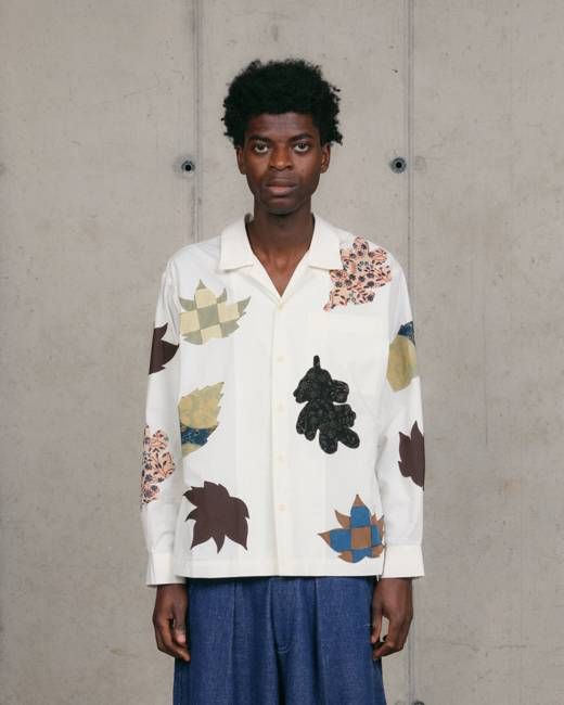 Greetings Shirt LS - Ecru Leaf Scatter