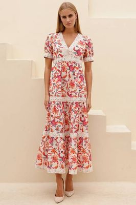 Enny Short Sleeve Linen Maxi Dress | Multi/Teal