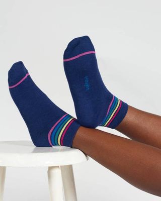 Rainbow Stripe Tipped Short Bamboo Ankle Socks - Blue Rainbow