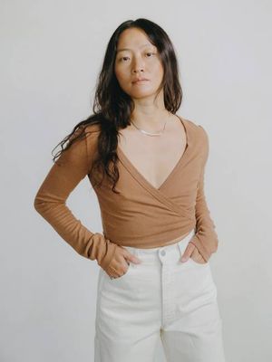 Dance Wrap Top, Regen Silk Noil Jersey, Terracotta