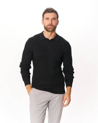 Black Long Sleeve Jacquard Knit Polo