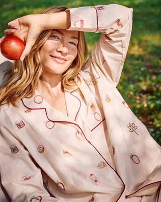 Embroidered Apple Picking - Long PJ Set - Cream