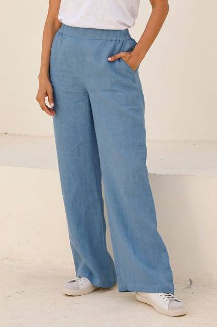 Wide Leg Linen Trousers | Blue/Grey