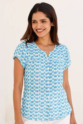 Lisbon Viscose Crinkle Blouse | Ikat White/Turquoise
