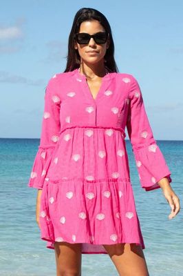 Cristina Bestickter Kaftan aus Bio-Baumwolle | Rosa/Weiß