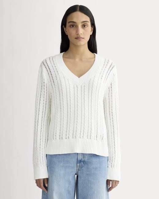The Mesh Cable V-Neck in Everyday Cotton | White